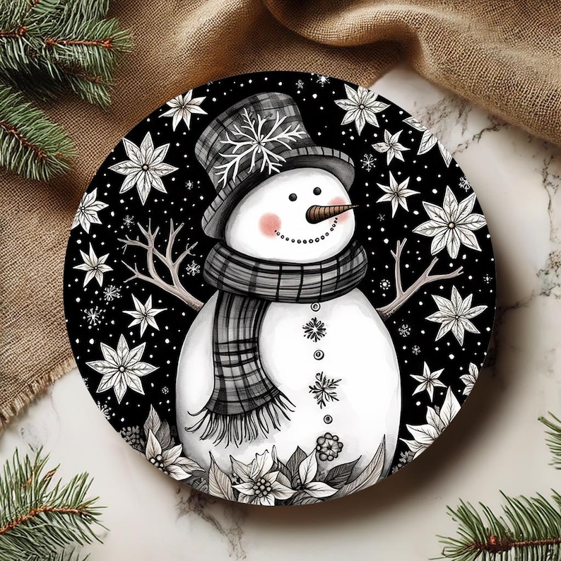 Black & White Snowman Sign Round Door Hanger Design, Christmas 12 Inch ...