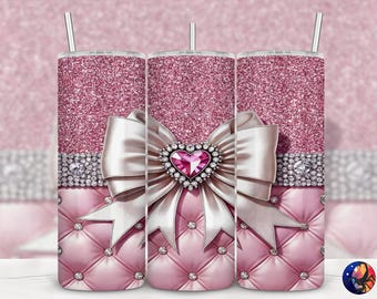 Pink Glitter Heart Gem Coquette Bow Diamond Quilt Glam Design, Seamless 20 oz Skinny Straight Tumbler Sublimation Wrap, PNG Digital Download