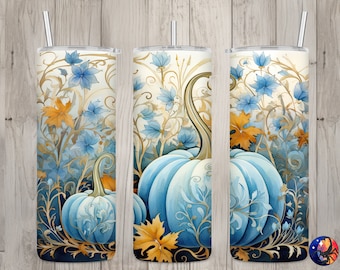 Seamless Watercolor Blue Pumpkins & Floral Design, Fall 20 oz Skinny Straight Tumbler Sublimation Design, Tumbler Wrap, PNG Digital Download
