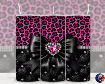 Hot Pink Glitter Leopard Gem Coquette Bow Quilt Glam Design, Seamless 20 oz Skinny Straight Tumbler Sublimation Wrap, PNG Digital Download