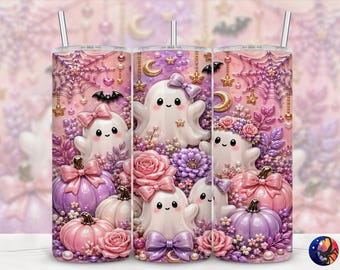 3D Coquette Ghost Pastel Halloween Tumbler Wrap, Girly Glam Pumpkin, Seamless 20 oz Skinny Straight Sublimation Design, PNG Digital Download