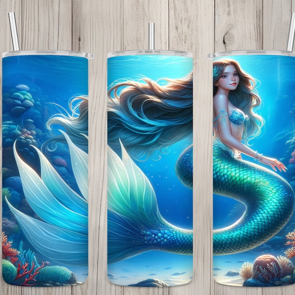 Seamless Beautiful Blue Mermaid Design, Mermaid 20 oz Skinny Straight Tumbler Sublimation Design, Tumbler Wrap, PNG File, Digital Download