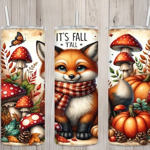 Nahtlos Herbst Y'all Fox & Mushrooms Design, Herbst 20 Unze Skinny Straight Tumbler Sublimationsdesign, Tumbler Wrap, PNG Digital Download
