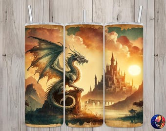 Diseño vintage sin costuras de dragón y castillo. Vaso recto delgado de 20 oz con diseño de dragón, diseño de sublimación, envoltura para vaso, archivo PNG, descarga digital.