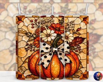 Polka Dot Coquette Pumpkin Fall Floral Stained Glass Tumbler Wrap, Seamless 20 oz Skinny Straight Sublimation Design, PNG Digital Download