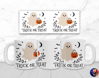 Trick Or Treat Ghost Pumpkin Pail Halloween Mug Wrap PNG, Spooky Season, 11oz 15oz Coffee Cup Sublimation Design, UV DTF, Digital Download