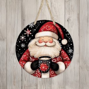 Cute Santa Claus & Hot Cocoa Sign Round Door Hanger Design, Christmas 12 inch Sublimation Design, Sign Round, PNG File, Digital Download