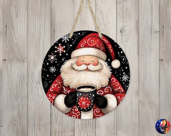 Cute Santa Claus & Hot Cocoa Sign Round Door Hanger Design, Christmas 12 inch Sublimation Design, Sign Round, PNG File, Digital Download