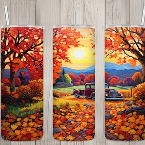 Seamless Vintage Truck & Fall Countryside Design, Fall 20 oz Skinny Straight Tumbler Sublimation Design, Tumbler Wrap, PNG Digital Download