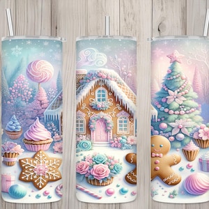 Seamless Cute Pastel Gingerbread House Design, Christmas 20oz Skinny Straight Tumbler Sublimation Design, Tumbler Wrap, PNG Digital Download