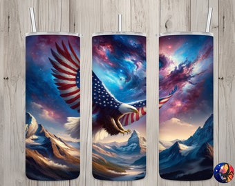 Seamless Patriotic Eagle & Mountain Scenery Design, USA 20 oz Skinny Straight Tumbler Sublimation Design, Tumbler Wrap, PNG Digital Download