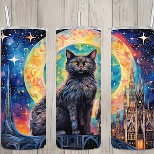 Seamless Celestial Gothic Black Cat Design, Cat 20 oz Skinny Straight Tumbler Sublimation Design, Tumbler Wrap, PNG File, Digital Download