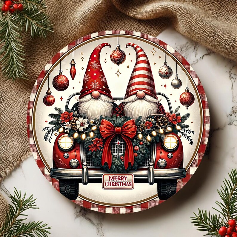 May include: A round Christmas plate featuring two gnomes in a red car decorated with a bow, garland, and the words "Merry Christmas." The gnomes wear red and white hats. The plate has a red and white checkered border and hanging ornaments.