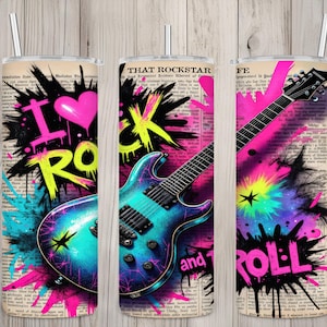 Seamless I Love Rock & Roll Graffiti Punk Electric Guitar Design, Music 20 oz Skinny Straight Tumbler Sublimation Wrap, PNG Digital Download