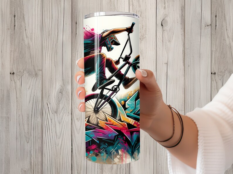 Sömlös Graffiti BMX Racing Rider Design, BMX Motocross 20oz Skinny Straight Tumbler Sublimeringsdesign, Tumbler Wrap, PNG Digital Nedladdning bild 2