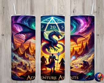 Seamless Adventure Awaits Fantasy RPG Game Master Design, Gamer 20oz Skinny Straight Tumbler Sublimation, Tumbler Wrap, PNG Digital Download