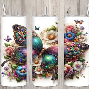 Seamless 3D Glitter Butterfly & Floral Design, Butterfly 20oz Skinny Straight Tumbler Sublimation Design, Tumbler Wrap, PNG Digital Download