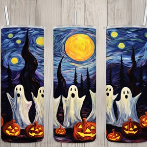 Diseño de fantasmas adorables de noche estrellada sin costuras, diseño de sublimación para vaso recto delgado de Halloween de 20 oz, envoltura para vaso, descarga digital PNG