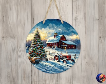 Red Barn Textured Canvas Sign Round Door Hanger Design, Christmas 12 inch Sublimation Design, Sign Round, PNG File, Digital Download