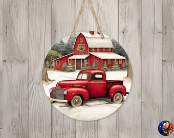 Vintage Red Truck & Barn Sign Round Door Hanger Design, Christmas 12 inch Sublimation Design, Sign Round, PNG File, Digital Download