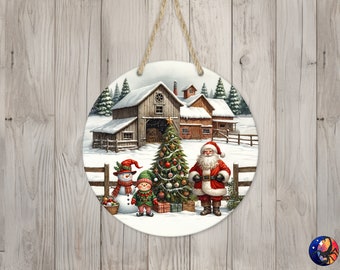 Country Farmhouse Santa & Elf Sign Round Door Hanger Design, Christmas 12 inch Sublimation Design, Sign Round, PNG File, Digital Download