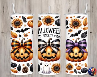 May include: White Halloween-themed tumbler with a pumpkin design. The tumbler features a smiling jack-o'-lantern with a bow, sunflowers, bats, and the text "HALLOWEEN MY FAVORITE COLOR". Includes a straw and lid.