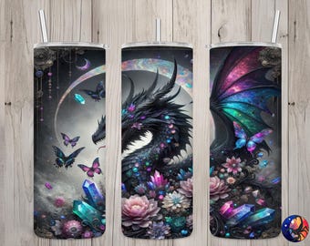Seamless Black Gem Dragon & Crystal Moon Design, Dragon 20 oz Skinny Straight Tumbler Sublimation Design, Tumbler Wrap, PNG Digital Download