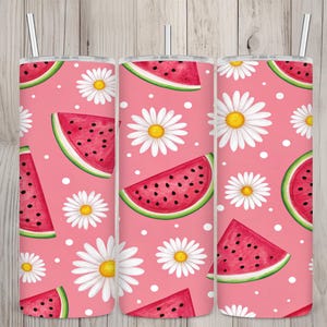 Design fofo e sem emendas de melancia, margaridas e bolinhas, sublimação para copo térmico fino de 590 ml (20 oz), adesivo para copo, download digital em PNG.