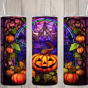 Seamless Stained Glass Jack O Lantern Design, Halloween 20 oz Skinny Straight Tumbler Sublimation Design, Tumbler Wrap, PNG Digital Download