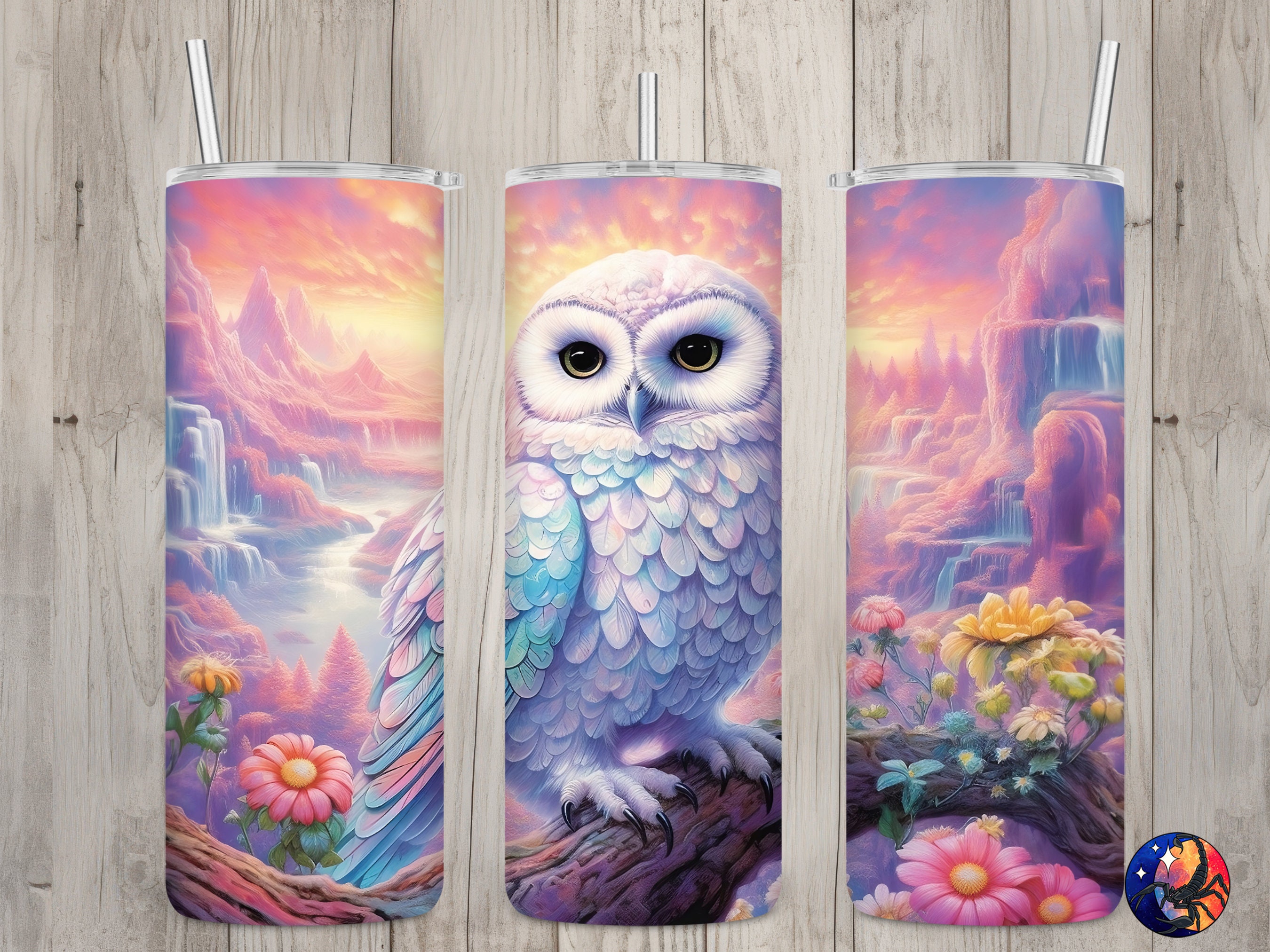 Seamless Pastel White Snowy Owl & Waterfall Design, Owl 20 oz Skinny Straight Tumbler Sublimatio