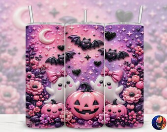 3D Preppy Coquette Ghost Pink Halloween Tumbler Wrap, Girly Pumpkin, Seamless 20 oz Skinny Straight Sublimation Design, PNG Digital Download