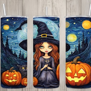 Seamless Starry Night Witch & Cats Design, Halloween 20 oz Skinny Straight Tumbler Sublimation Design, Tumbler Wrap, PNG Digital Download