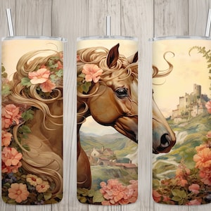 Seamless Brown Horse Castle & Floral Design, Horse 20 oz Skinny Straight Tumbler Sublimation Design, Tumbler Wrap, PNG Digital Download