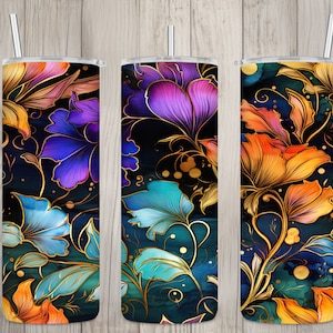 Seamless Alcohol Ink Floral & Leaves Design, Flowers 20 oz Skinny Straight Tumbler Sublimation Design, Tumbler Wrap, PNG Digital Download