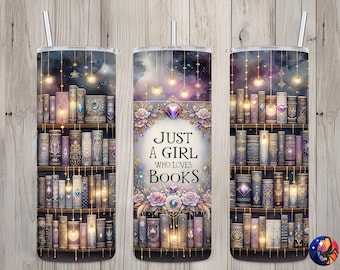 Seamless Just A Girl Who Loves Books Book Lover Design, Books 20 oz Skinny Straight Tumbler Sublimation, Tumbler Wrap, PNG Digital Download