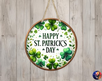Happy St. Patrick's Day Shamrock Clovers Sign Round Door Hanger Design, St. Patrick's 12 inch Sublimation Design, PNG Digital Download