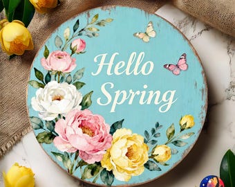 Hello Spring Rustic Farmhouse Floral Butterfly Door Hanger Design, 12 inch Round Sign Sublimation, UV DTF, PNG File, Digital Download