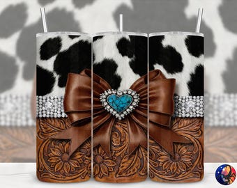 Cowhide Turquoise Heart Gem Coquette Bow Tooled Leather Design, Seamless 20oz Skinny Straight Tumbler Sublimation Wrap, PNG Digital Download