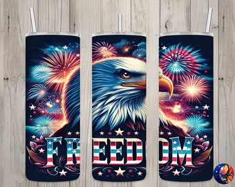 Sömlös American Eagle Freedom Fireworks-design, USA 20 oz smal rak tumbler sublimeringsdesign, tumblerwrap, PNG digital nedladdning