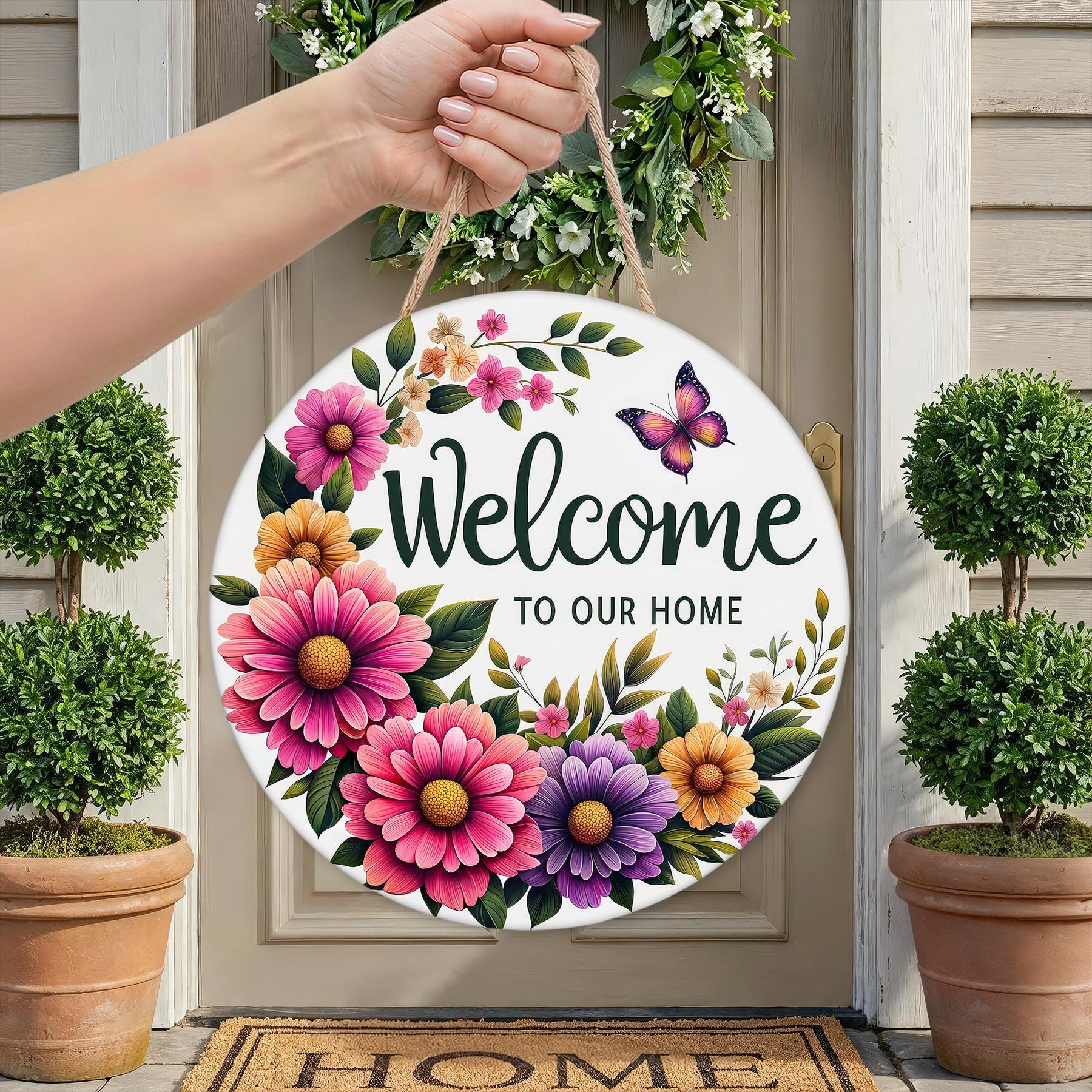 Welcome to Our Home Spring Floral Butterfly Door Hanger Design, 12 Inch ...