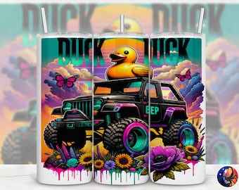 Duck Duck Beep Neon Retro Funny Rubber Duck Floral Design, Seamless 20 oz Skinny Straight Tumbler Sublimation Wrap, PNG Digital Download