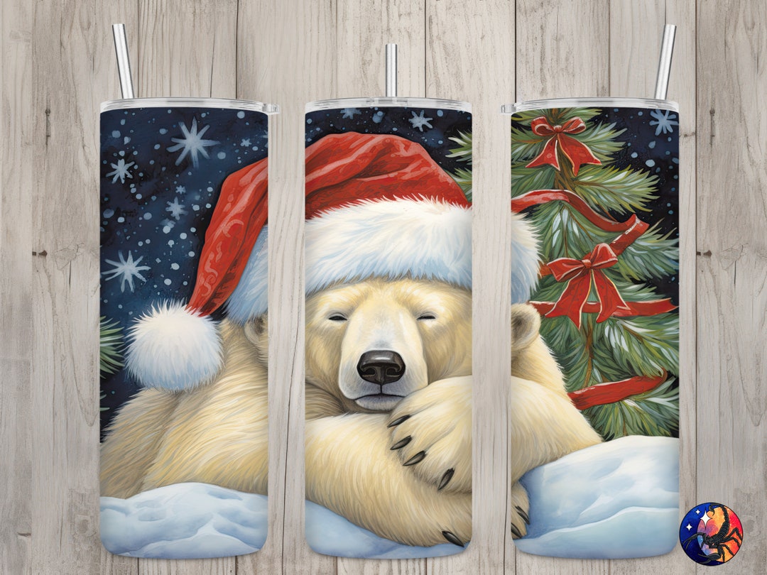 Seamless Polar Bear & Santa Hat Design, Christmas 20 Oz Skinny Straight ...