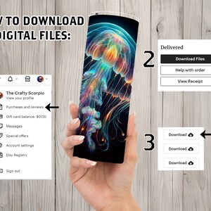 May include: A digital download guide with three steps. Step one shows a phone screen with the Etsy app open. Step two shows a button that says "Download Files". Step three shows three buttons that say "Download" with a cloud icon.