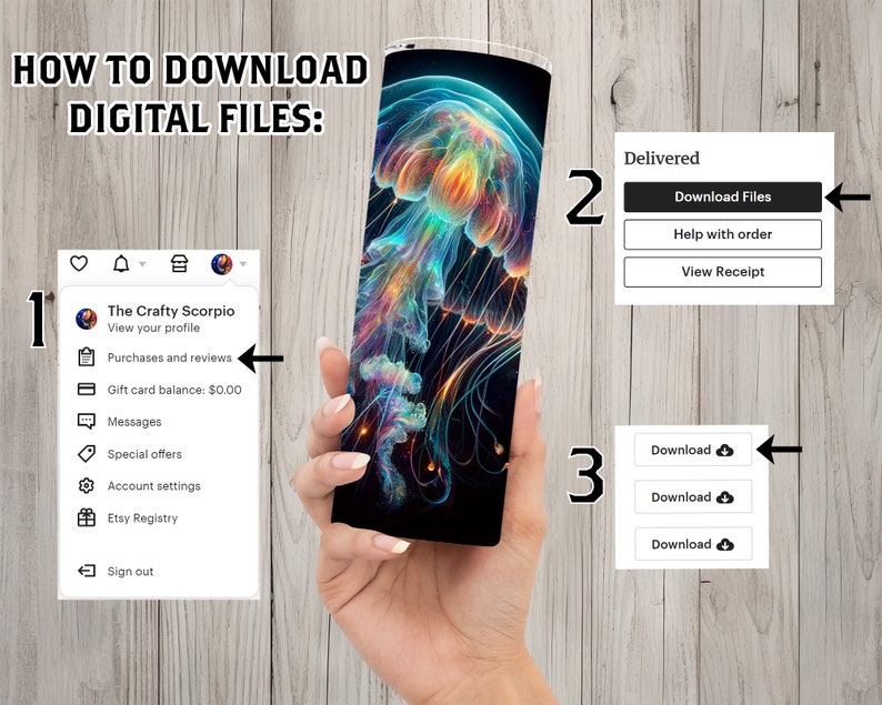 May include: A digital download guide with three steps. Step one shows a phone screen with the Etsy app open. Step two shows a button that says "Download Files". Step three shows three buttons that say "Download" with a cloud icon.