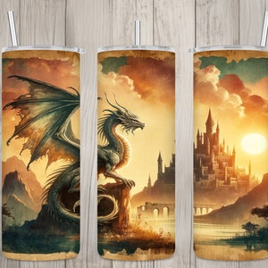 Seamless Vintage Dragon & Castle Design, Dragon 20 oz Skinny Straight Tumbler Sublimation Design, Tumbler Wrap, PNG File, Digital Download