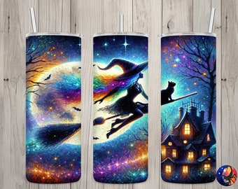 Seamless Textured Glitter Flying Witch Design, Halloween 20oz Skinny Straight Tumbler Sublimation Design, Tumbler Wrap, PNG Digital Download