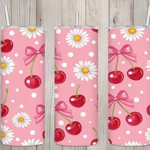 Seamless Cute Cherry Coquette Bow & Daisy Design, Cherry 20oz Skinny Straight Tumbler Sublimation Design, Tumbler Wrap, PNG Digital Download