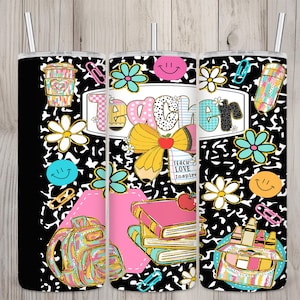 Seamless Cute Preppy Doodle Teacher Composition Notebook Design, Teacher 20oz Skinny Straight Tumbler Sublimation Wrap, PNG Digital Download