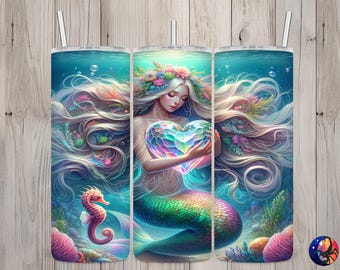 Seamless Beautiful Mermaid & Gem Heart Design, Mermaid 20 oz Skinny Straight Tumbler Sublimation Design, Tumbler Wrap, PNG Digital Download