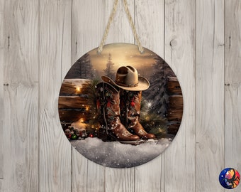 Country Western Boots & Hat Sign Round Door Hanger Design, Christmas 12 inch Sublimation Design, Sign Round, PNG File, Digital Download